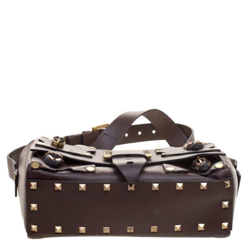 Black Valentino Dark Brown Leather Tribal Studs Box Bag