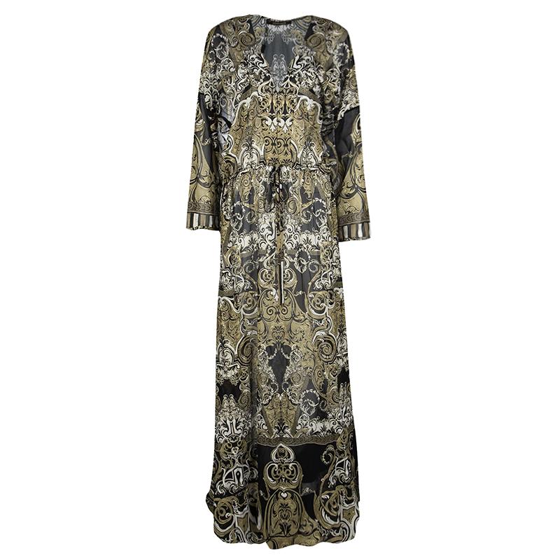 Look spell-binding in this stunner of a dress from Roberto Cavalli. Flaunting long sleeves, string detail on the waist, a V neck and metallic prints all over, the sheer maxi dress will give you a fabulous look. It can be assembled with flats or high