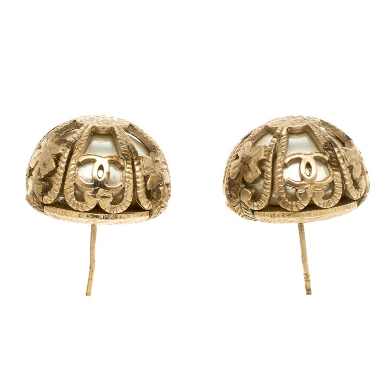 Contemporary Chanel Faux Pearl Gold Tone Dome Stud Earrings