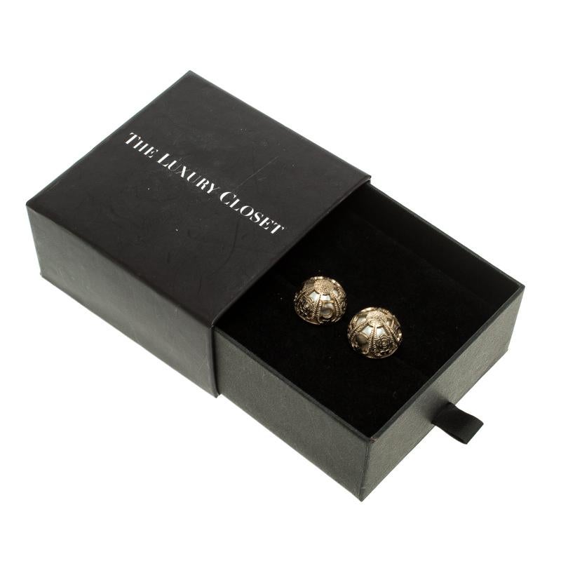 Chanel Faux Pearl Gold Tone Dome Stud Earrings 1
