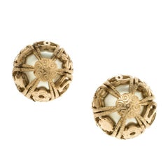 Chanel Faux Pearl Gold Tone Dome Stud Earrings