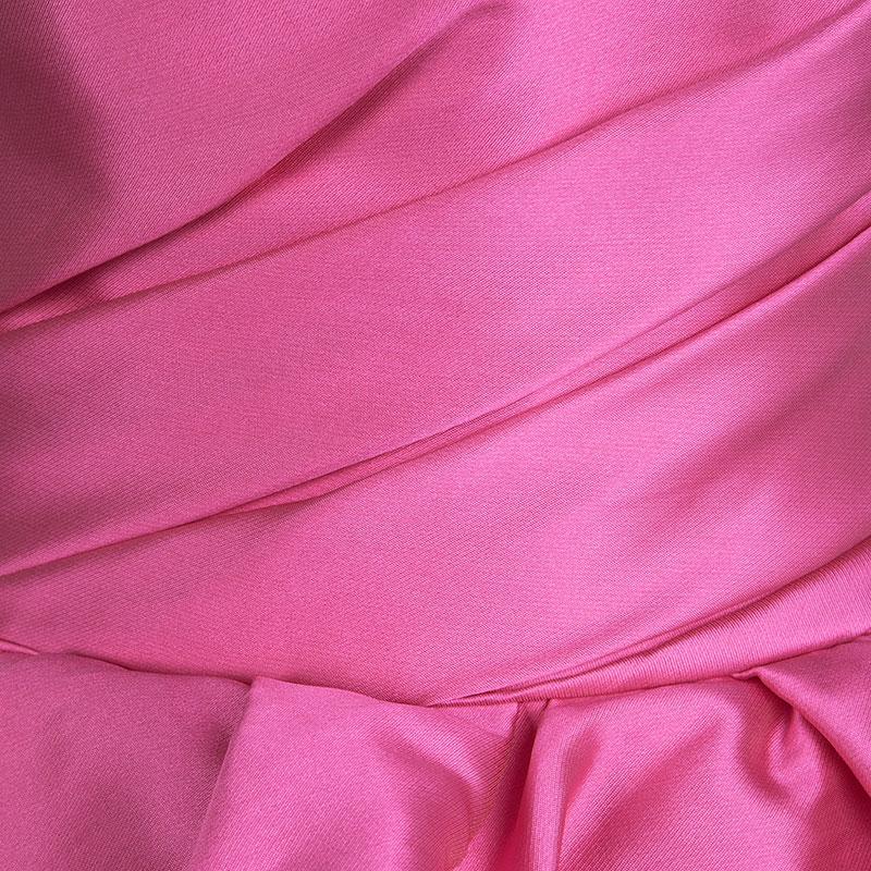 Reem Acra Pink Satin Draped Ruffle Layered Strapless Gown M In Good Condition In Dubai, Al Qouz 2