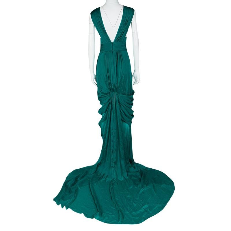 Blue Monique Lhuillier FW'15 Emerald Silk Satin Draped Gown XL