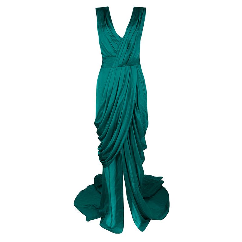 Monique Lhuillier FW'15 Emerald Silk Satin Draped Gown XL