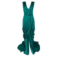 Monique Lhuillier FW'15 Emerald Silk Satin Draped Gown XL
