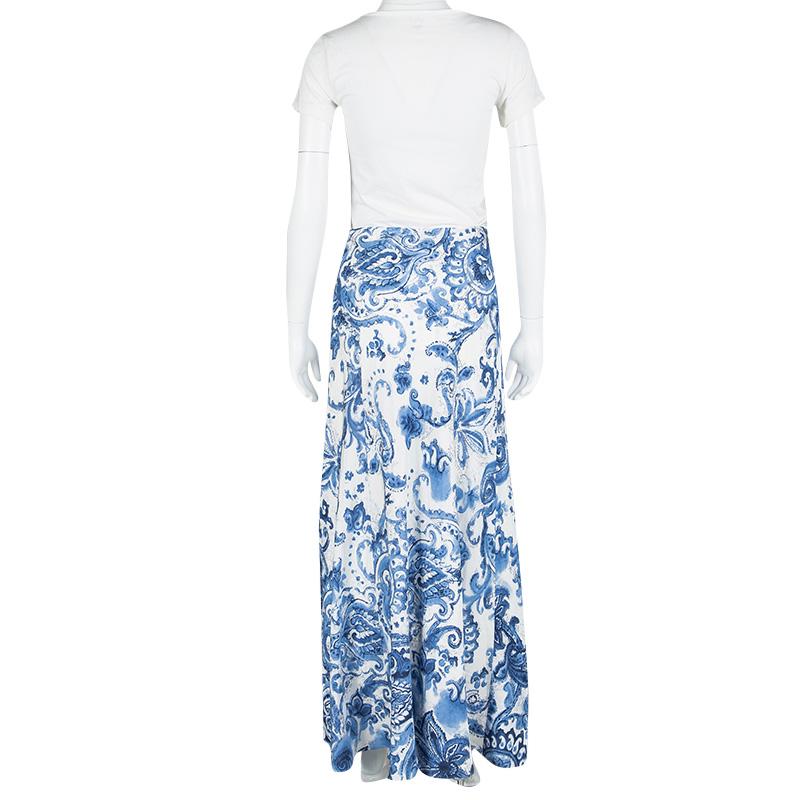 Blue Ralph Lauren White Paisley Printed Silk Bria Maxi Skirt L