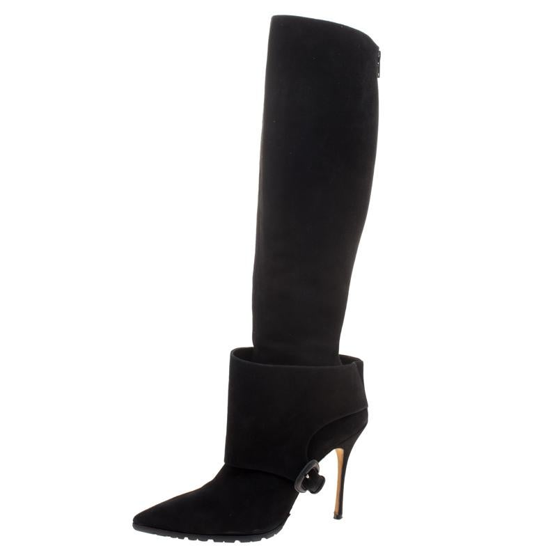 Manolo Blahnik Black Suede Pointed Toe Knee High Boots Size 39