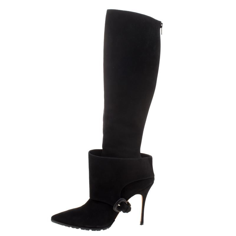 Manolo Blahnik Black Suede Pointed Toe Knee High Boots Size 39 4