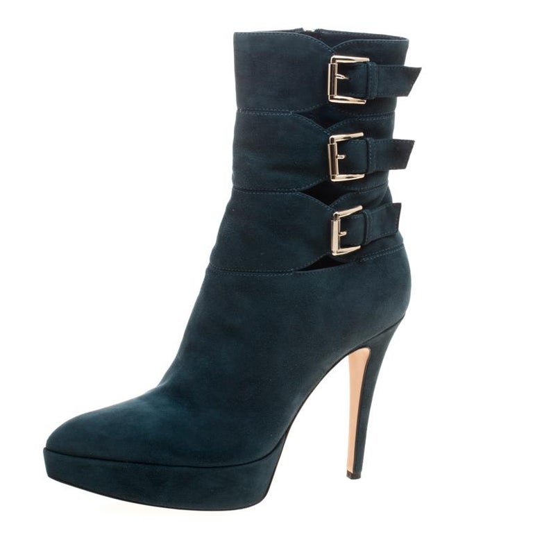 Gianvito Rossi Emerald Green Suede Buckle Detail Pointed Toe Boots Size ...