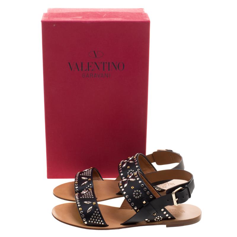 Valentino Black Embellished Leather Flat Sandals Size 38 4