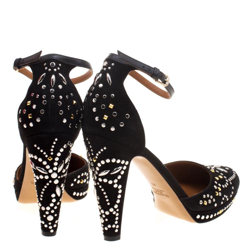 Valentino Black Leather And Embellished Suede Teodora Ankle Strap Platform Pumps In New Condition In Dubai, Al Qouz 2