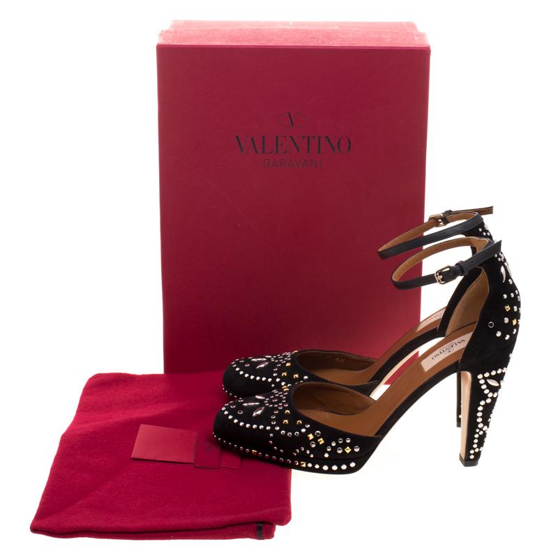 Women's Valentino Black Leather And Embellished Suede Teodora Ankle Strap Platform Pumps