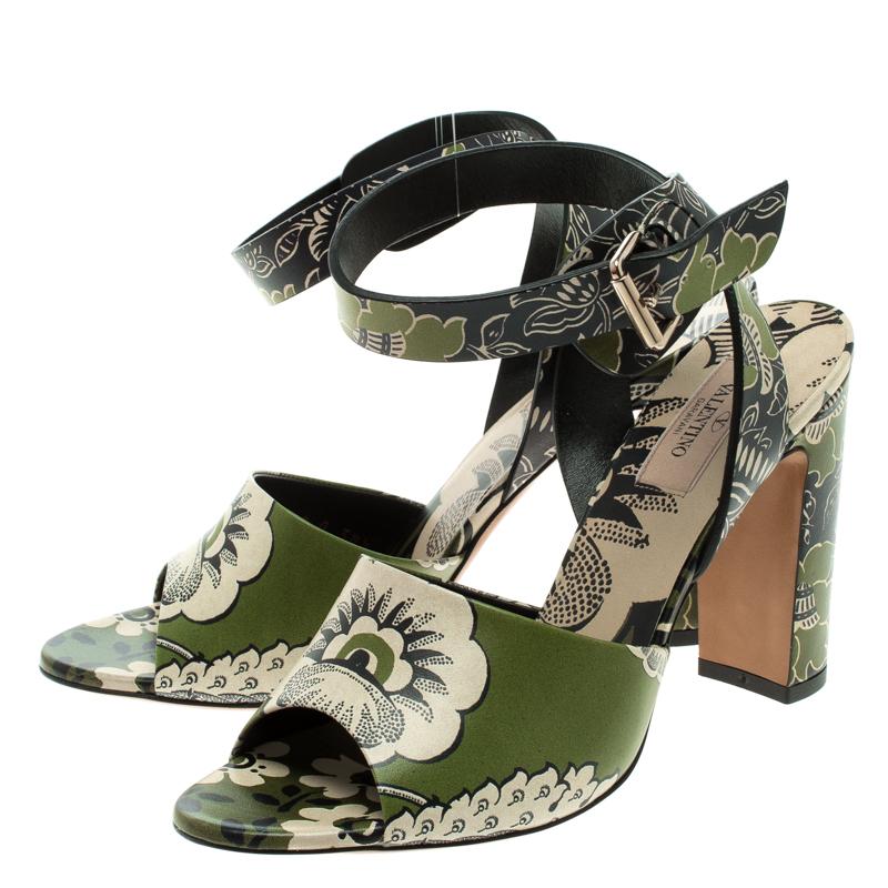 Women's Valentino Green Printed Leather Ankle Strap Sandals Size 38.5