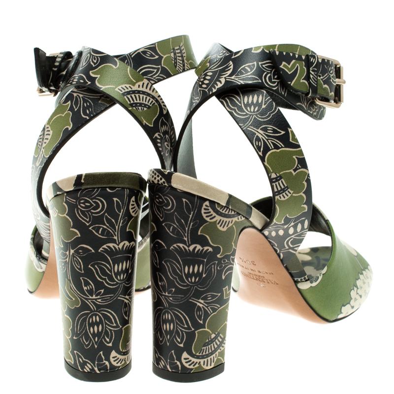 Black Valentino Green Printed Leather Ankle Strap Sandals Size 38.5