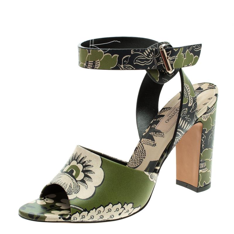 Valentino Green Printed Leather Ankle Strap Sandals Size 38.5