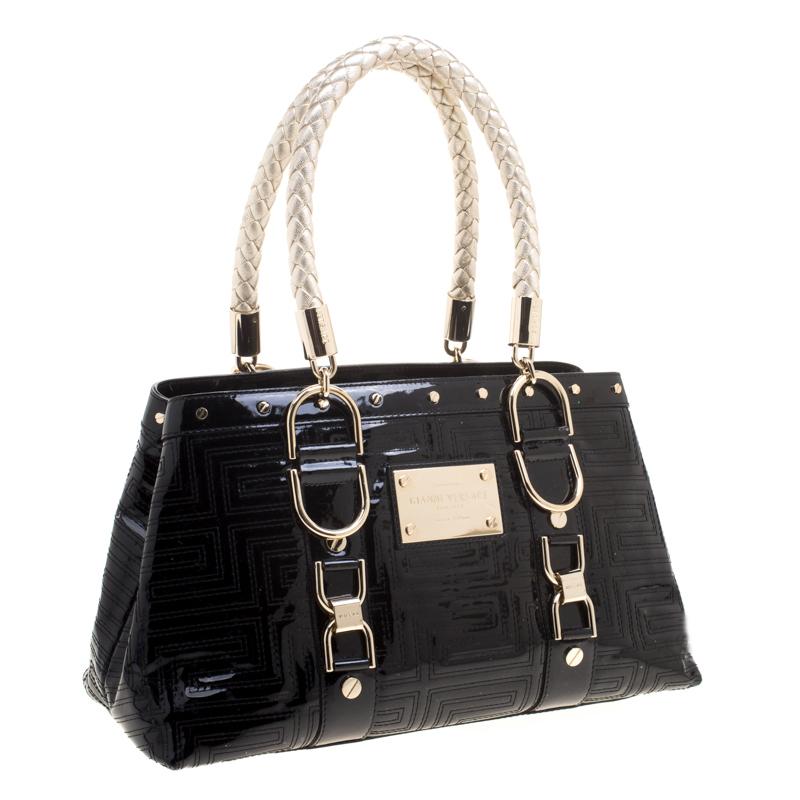 Versace Black Quilted Patent Leather Snap Out Of It Tote 1