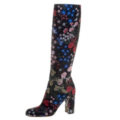 Valentino Black Spring Garden Brocade Knee Length Boots Size 38