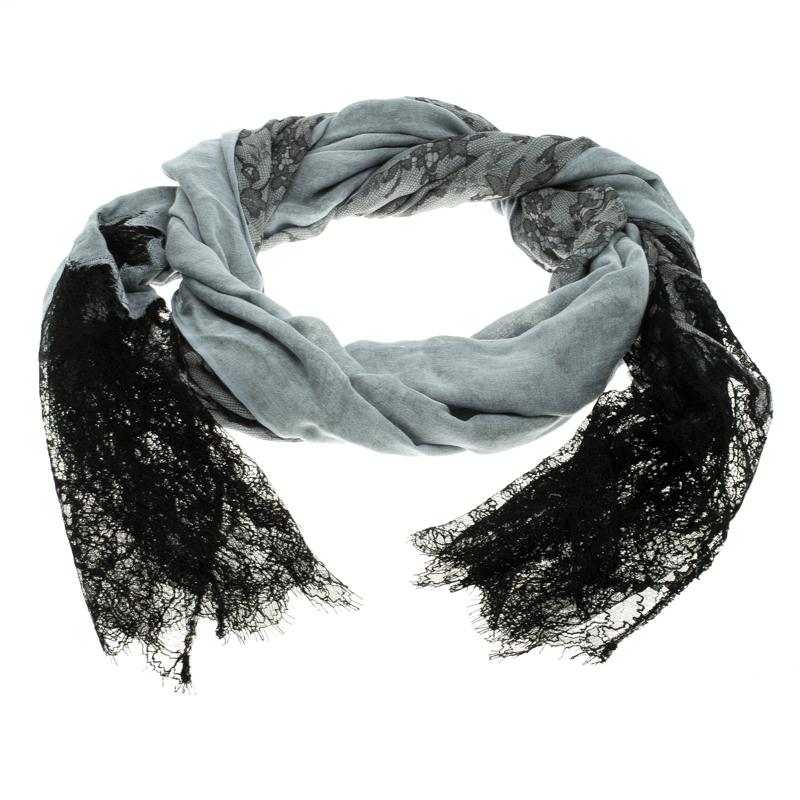 Valentino Grey Lace Printed Modal and Silk Scalloped Lace Detail Scarf