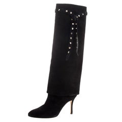 Valentino Black Suede Rockstud Tie Foldover Knee Length Boots Size 37