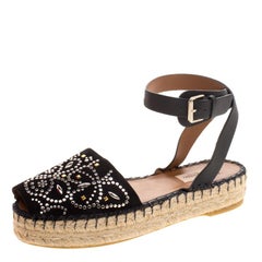 Valentino Black Embellished Suede and Leather Ankle Strap Espadrilles Size 39