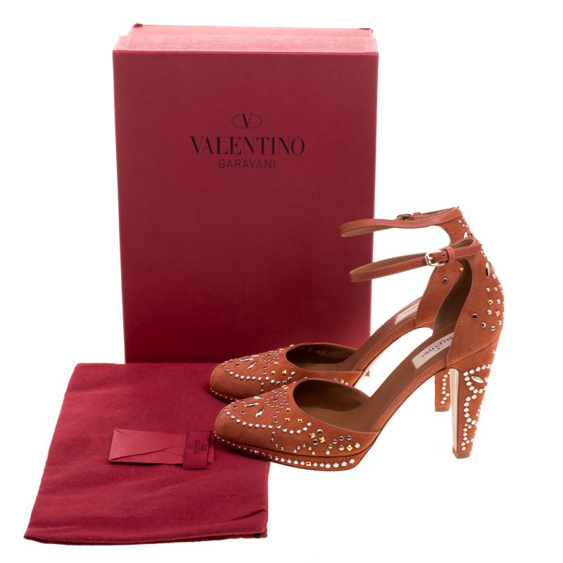 Valentino Orange Leather And Embellished Suede Teodora Ankle Strap Platform Pump 4