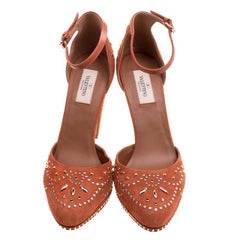 Valentino Orange Leather And Embellished Suede Teodora Ankle Strap Platform Pump