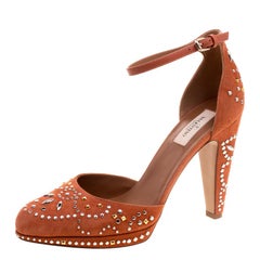 Valentino Orange Leather And Embellished Suede Teodora Ankle Strap Platform Pump