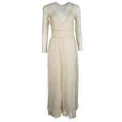 Dior Beige Silk Lace Perforated Knit Long Sleeve Maxi Dress S