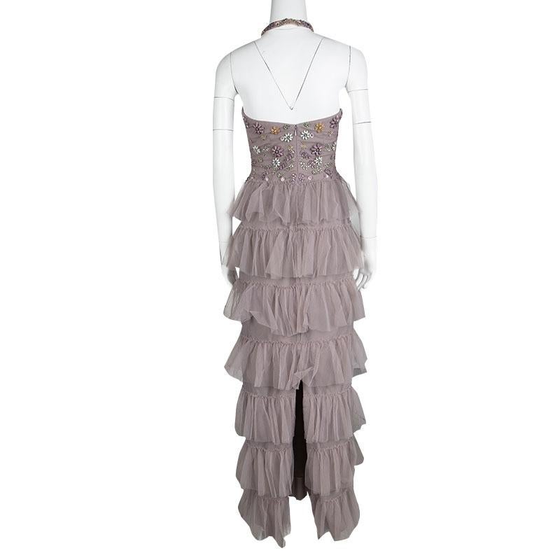 Gray Marchesa Notte Purple Embellished Halter Neck Tiered Gown S