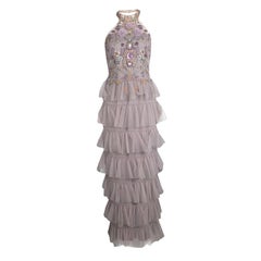 Used Marchesa Notte Purple Embellished Halter Neck Tiered Gown S