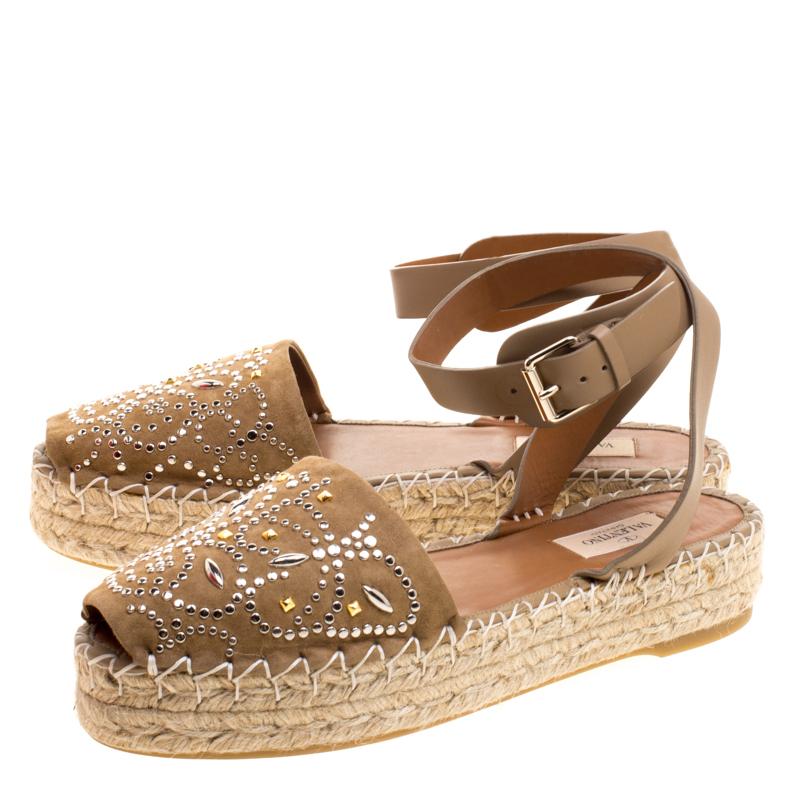 Women's Valentino Beige Embellished Suede and Leather Ankle Strap Espadrilles Size 39