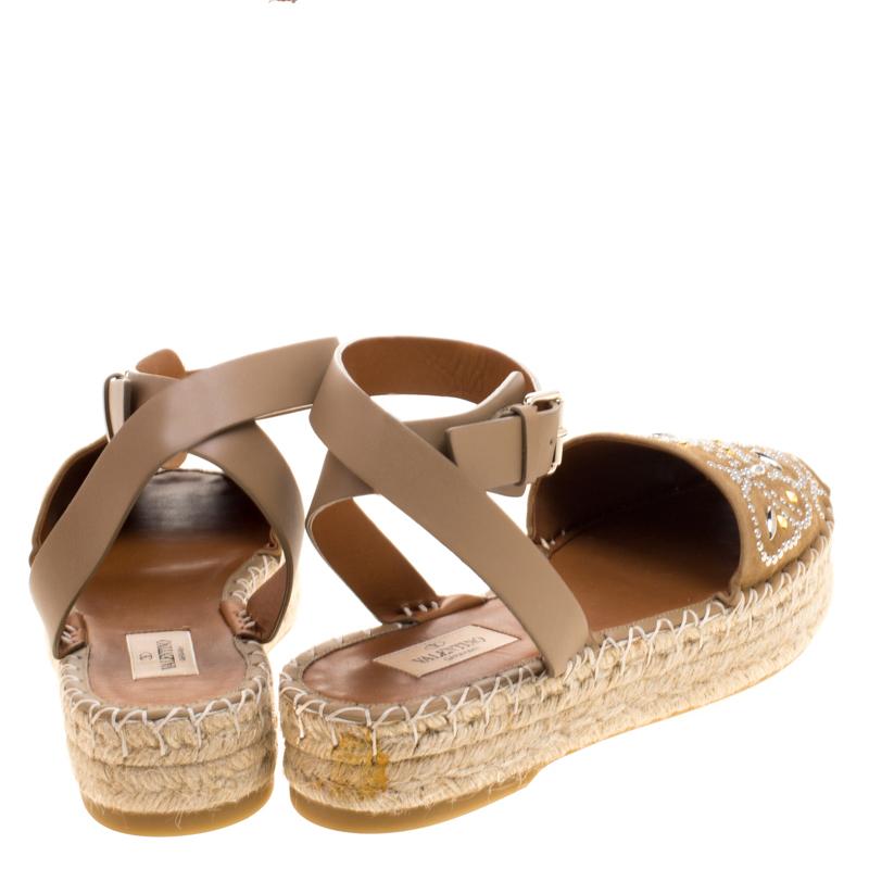 Valentino Beige Embellished Suede and Leather Ankle Strap Espadrilles Size 39 1