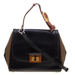 Fendi Black/Tobacco Leather and Pequin Canvas Silvana Top Handle Bag