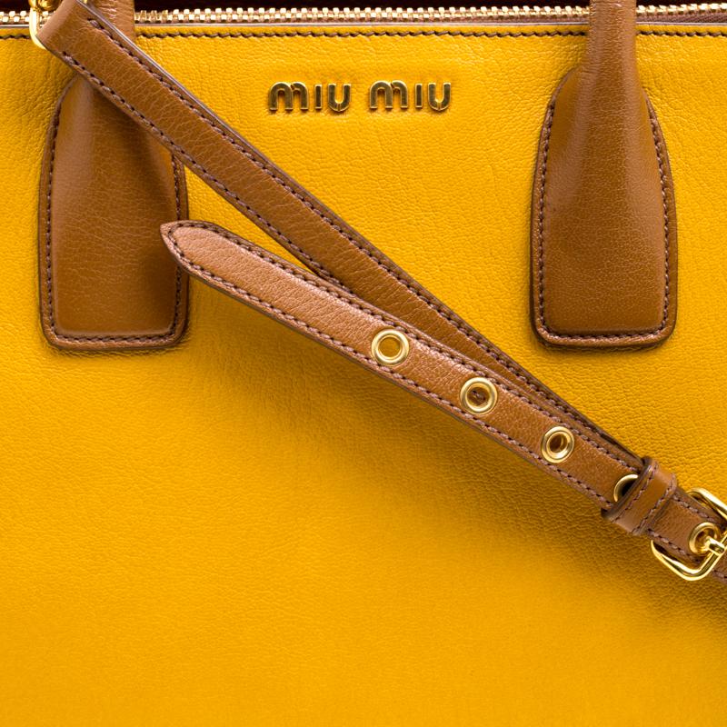 Miu Miu Yellow/Brown Leather Convertible Tote 2