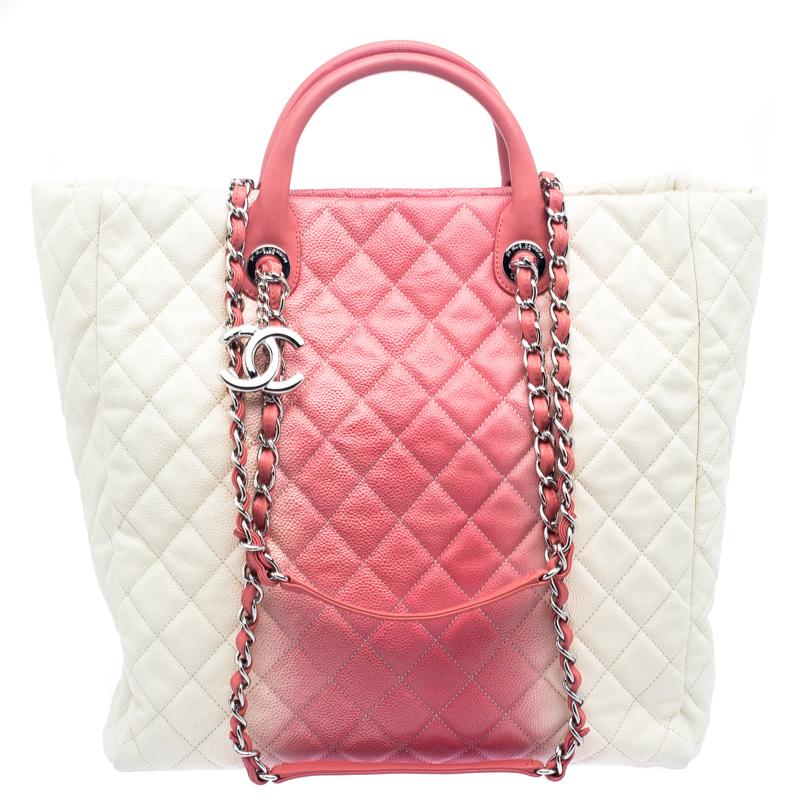 Chanel Cream/Rose Ombre Quilted Caviar Leather Shopping Tote