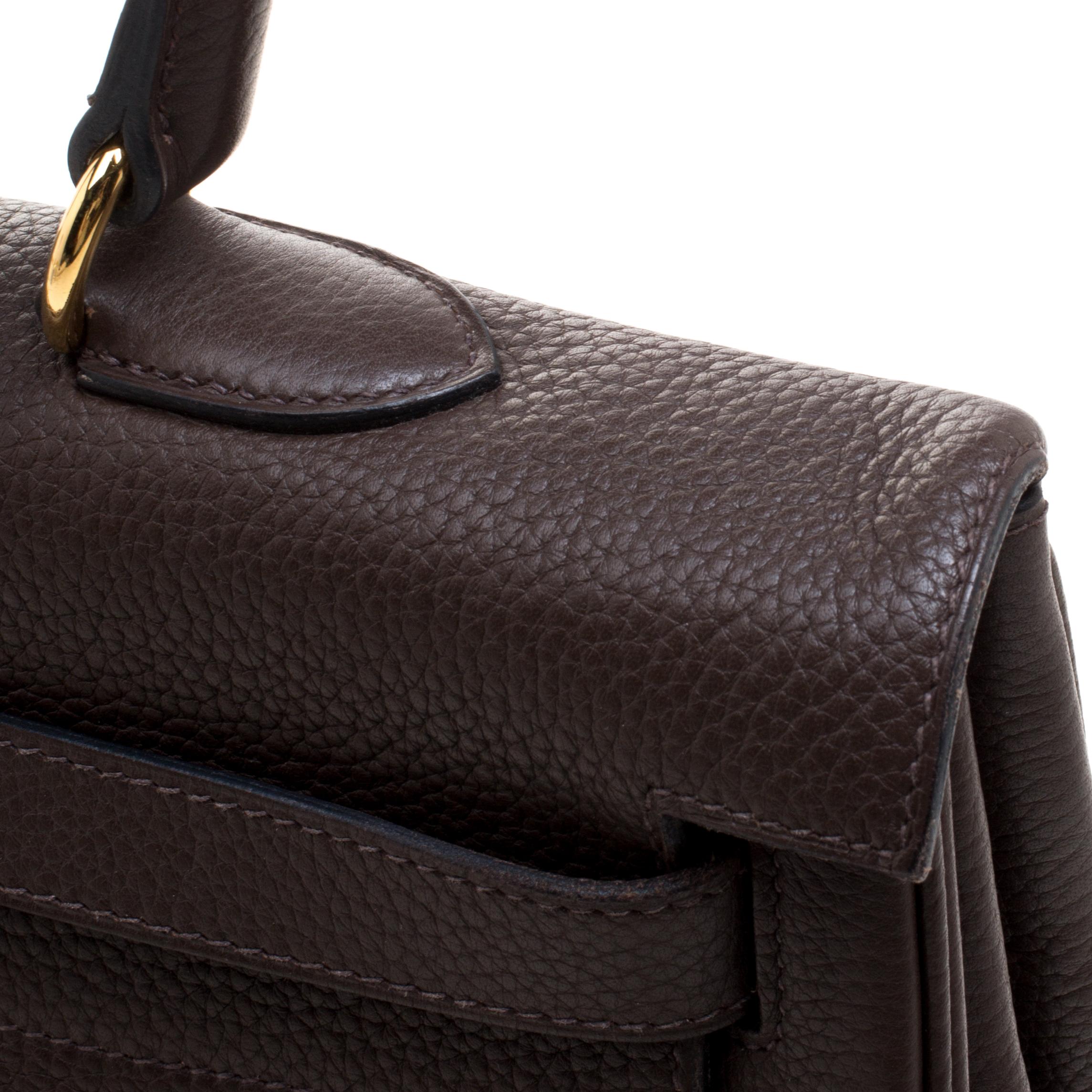 Women's Hermes Cacao Clemence Leather Gold Hardware Shoulder Kelly 40 Bag