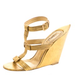 Saint Laurent Paris Metallic Gold Leather Venice Sculpted Wedge Sandals Size 40