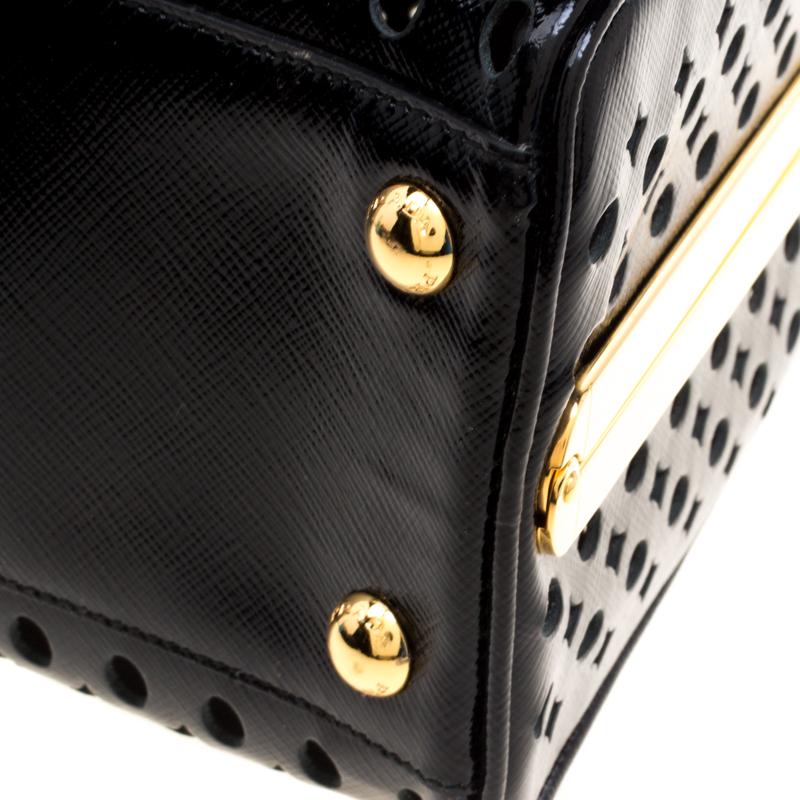 Women's Prada Black Perforated Saffiano Patent Leather Pyramid Double Handle Bag