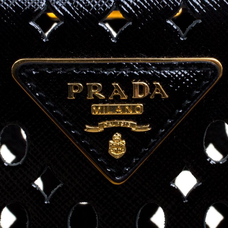 Prada Black Perforated Saffiano Patent Leather Pyramid Double Handle Bag 2