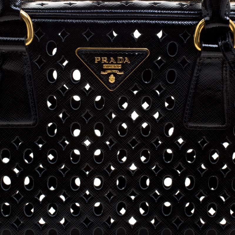 Prada Black Perforated Saffiano Patent Leather Pyramid Double Handle Bag 3