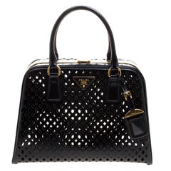 Prada Black Perforated Saffiano Patent Leather Pyramid Double Handle Bag