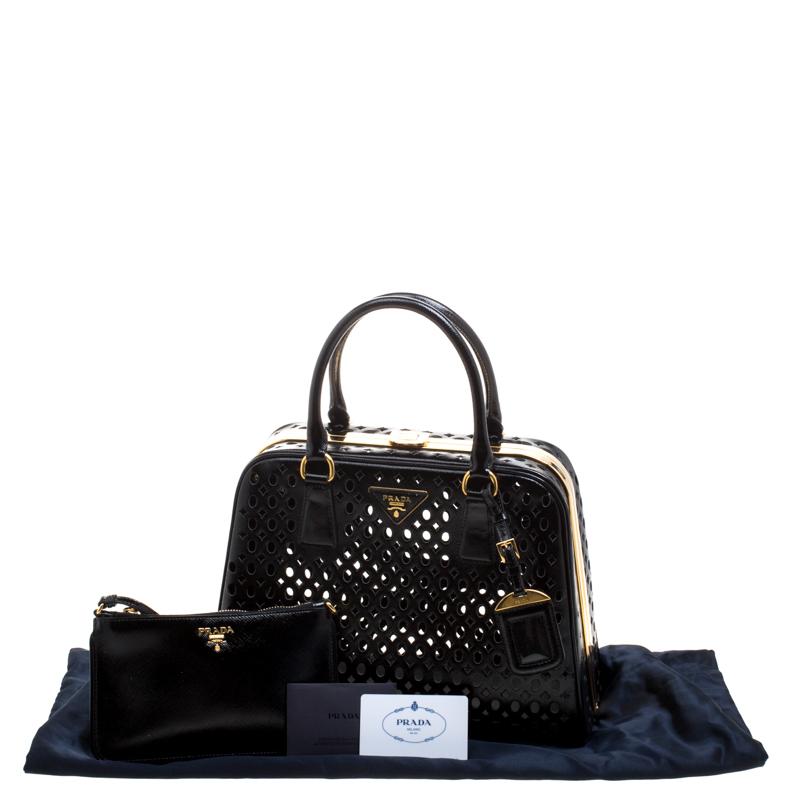 Prada Black Perforated Saffiano Patent Leather Pyramid Double Handle Bag 1