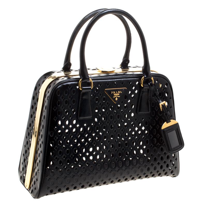 Prada Black Perforated Saffiano Patent Leather Pyramid Double Handle Bag 4