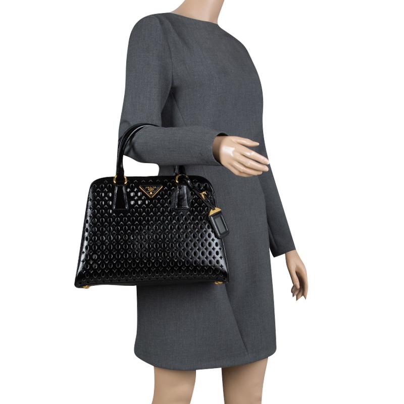 Prada Black Perforated Saffiano Patent Leather Pyramid Double Handle Bag In New Condition In Dubai, Al Qouz 2