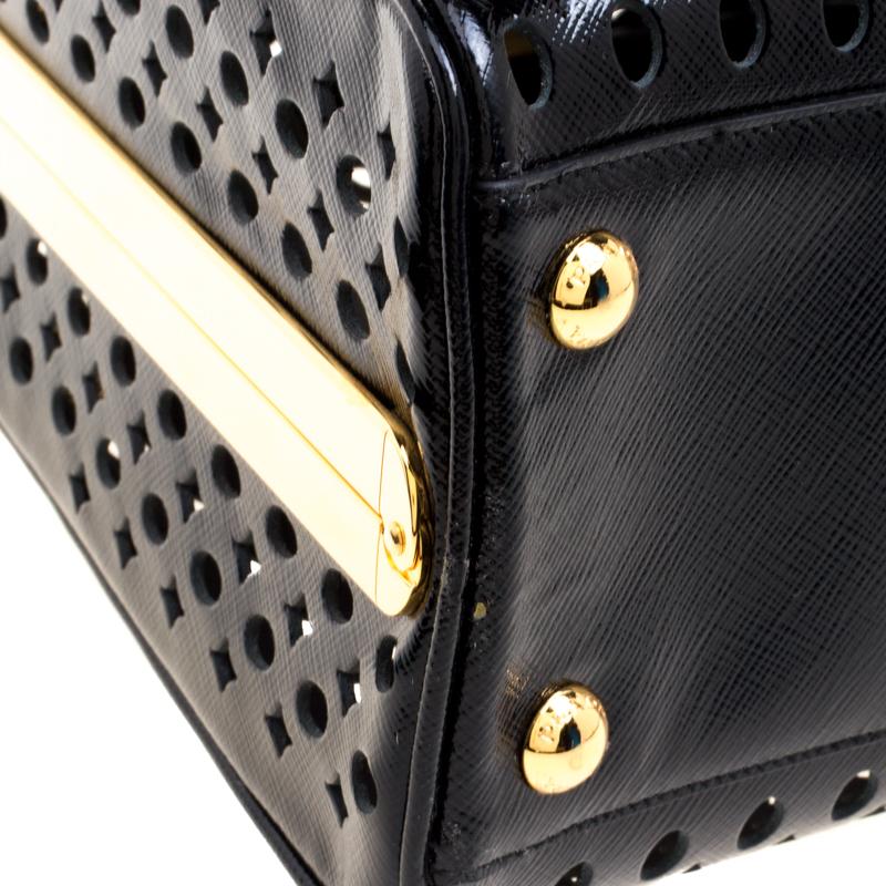 Prada Black Perforated Saffiano Patent Leather Pyramid Double Handle Bag 7