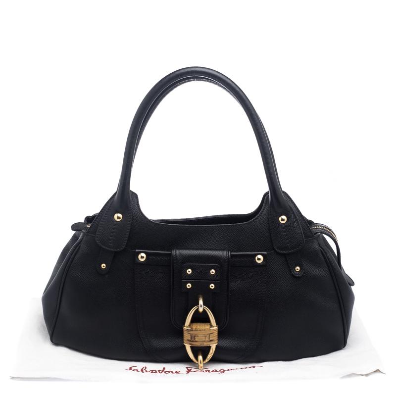 Women's Salvatore Ferragamo Black Leather Wicker Padlock Satchel