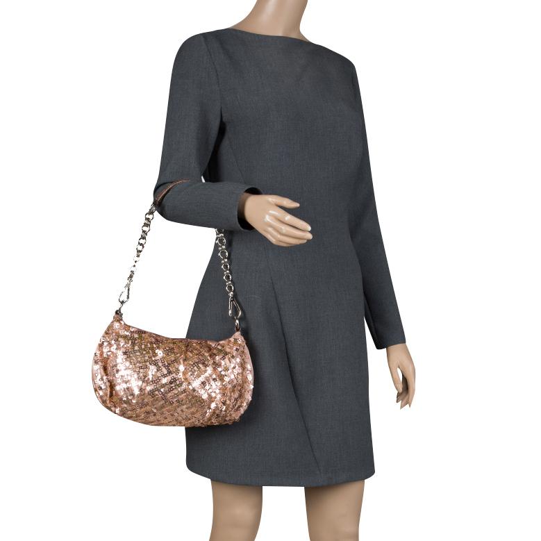Beige Prada Blush Pink/Bronze Satin Sequin Embellished Shoulder Bag