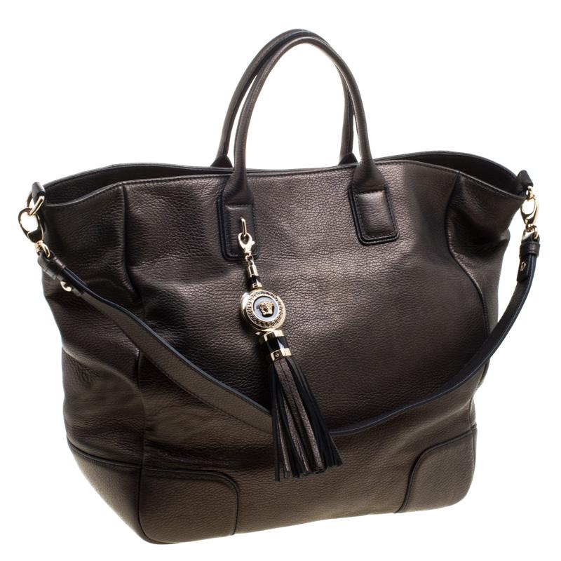 Versace Gun Metal Leather Elettra Vanitas Tote 2