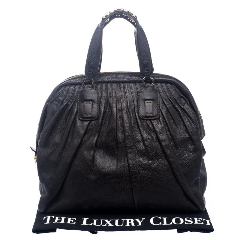 Black Roberto Cavalli Dark Brown Pleated Leather Dome Bag