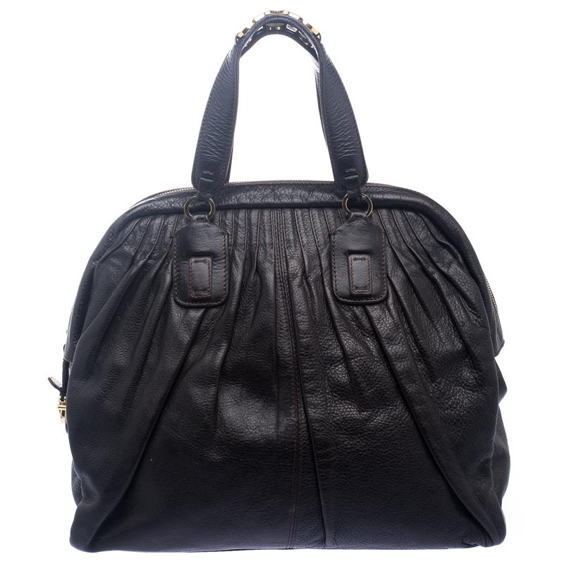Roberto Cavalli Dark Brown Pleated Leather Dome Bag